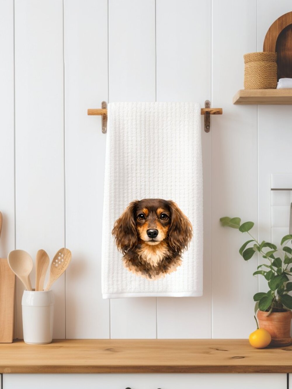 Chocolate Longhair Dachshund Dog Waffle Weave Decorative Kitchen Tea Towel